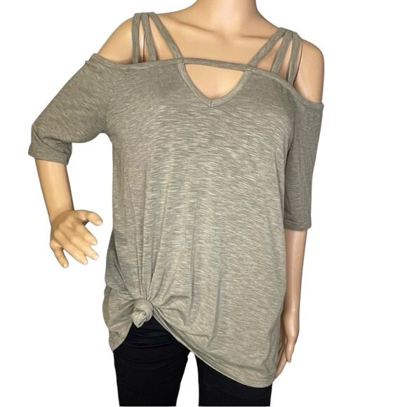She + Sky Cold Shoulder 1/2 Sleeve Olive Green Blouse Size Large - Picture 1 of 12